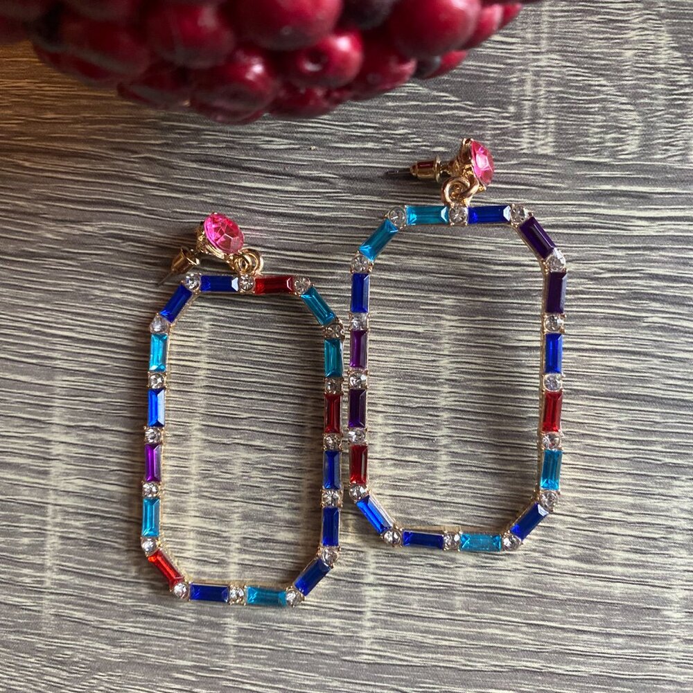 Holiday - 14K Yellow Gold Plated Multicolor Crystal Baguette Drop Earrings